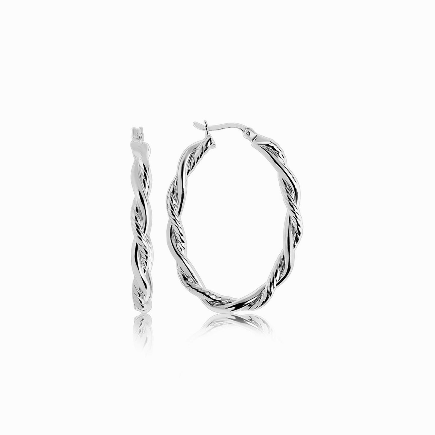 Sterling Silver Oval Hoop Braided Diamond Cut Earrings(4x22mm)