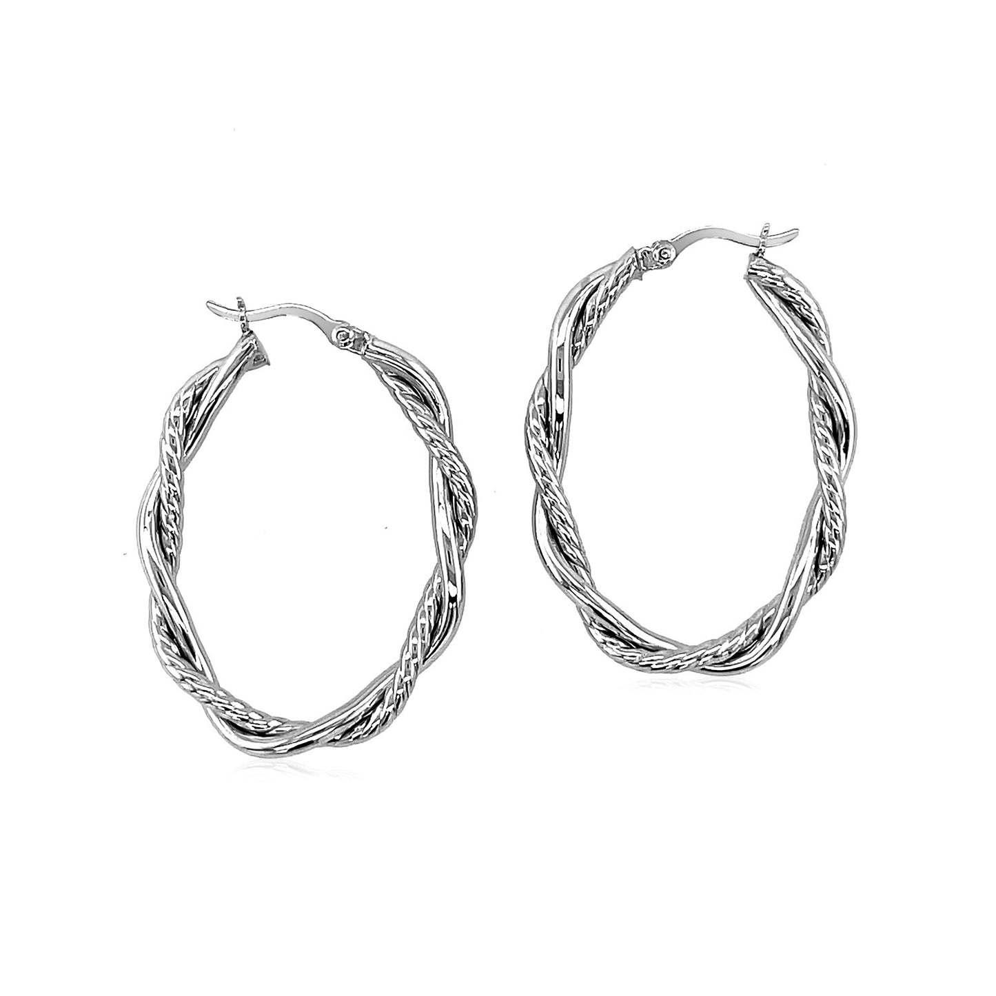 Sterling Silver Oval Hoop Braided Diamond Cut Earrings(4x22mm)