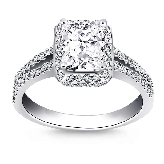 14k White Gold Emerald Cut Diamond Halo Split Shank Engagement Ring Mounting