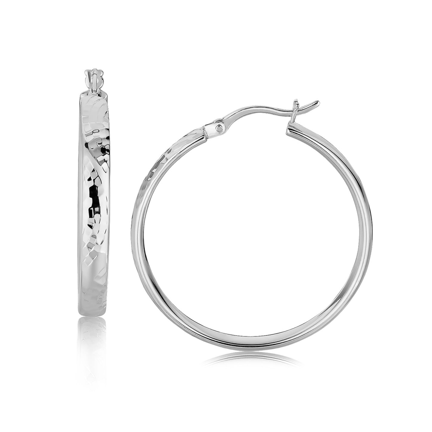 Sterling Silver Hammered Style Hoop Earrings with Rhodium Plating (4x30mm)