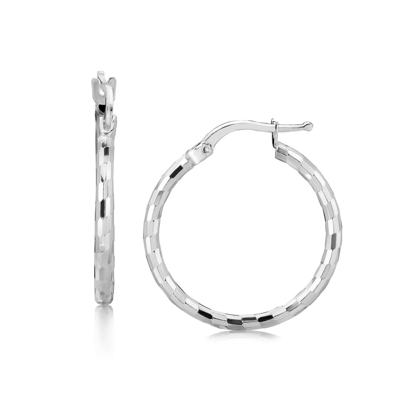 Sterling Silver Diamond Cut Hoop Earrings with Rhodium Plating (2x20mm)