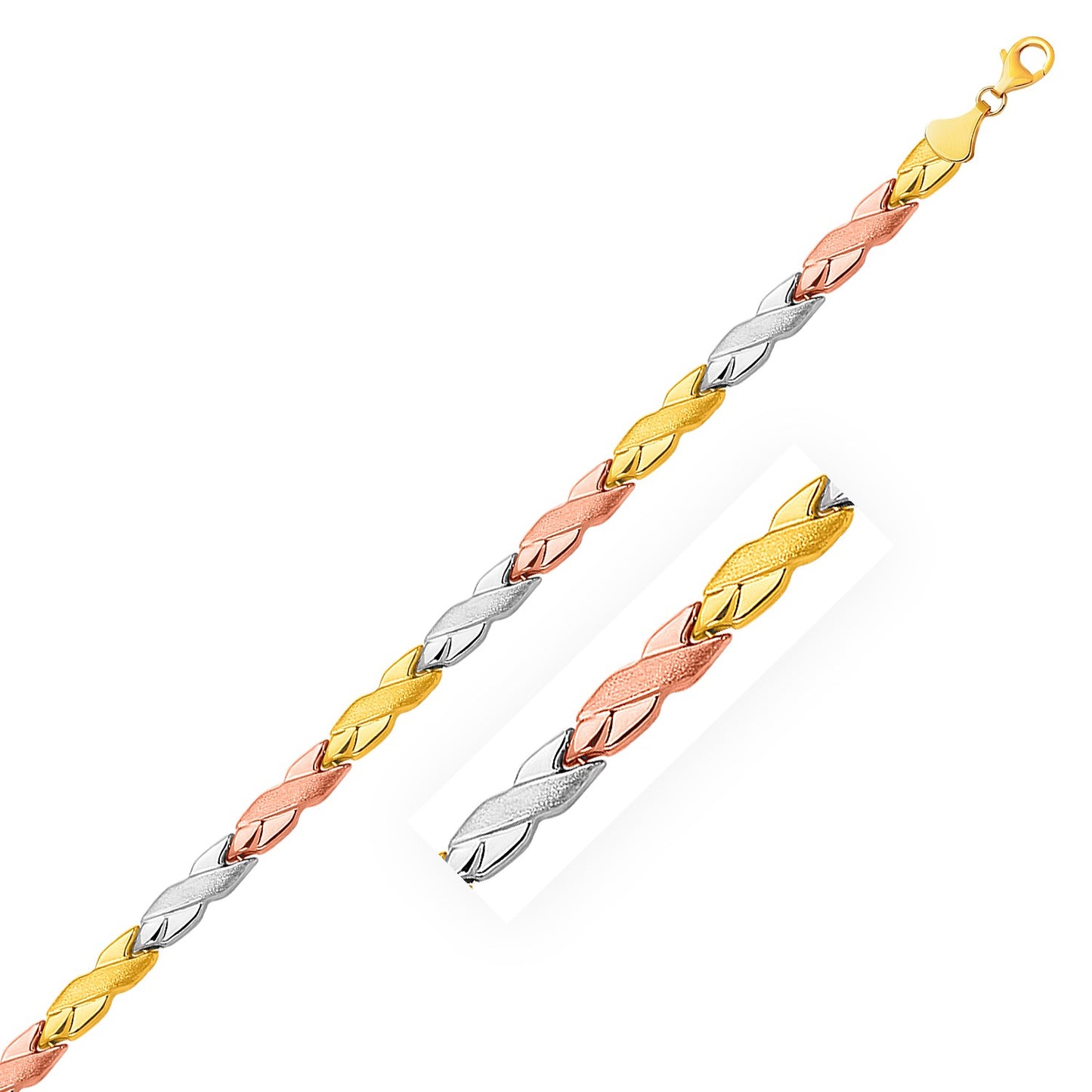 14k Tri-Color Gold Shiny and Textured X Link Bracelet (6.35 mm)