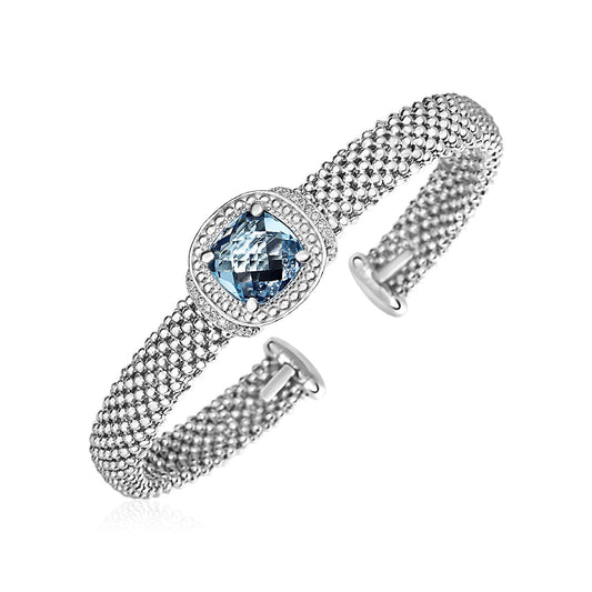 Popcorn Texture Cuff Bangle with Blue Topaz and Diamonds in Sterling Silver (8.00 mm)